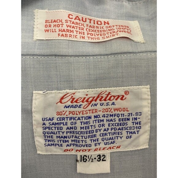 Shirt Man's Long Sleeve Polyester Wool Air Force Blue USAF VTG 16.5 32 Creighton - Picture 5 of 10